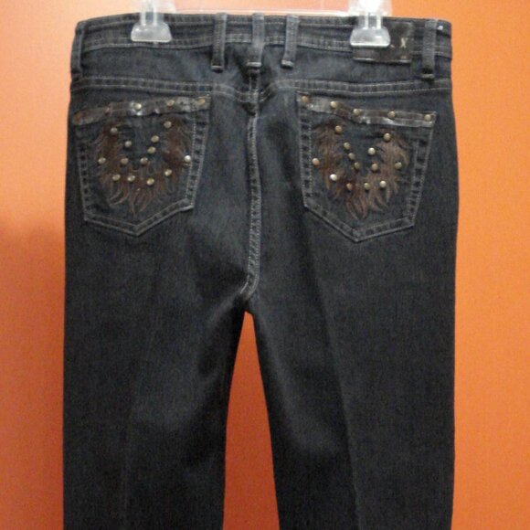 Denim Straight Stretchy Pants with studs and applique design. - Picture 2 of 7